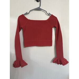 Gianni Bini Ribbed Knit Crop Top | Off Shoulder Bell Sleeve | Rust Red | XS